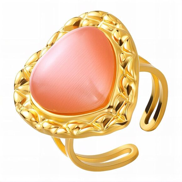 18K Gold Plated Women's Pink Heart Statement Ring Waterproof Hypoallergenic - Picture 1 of 8
